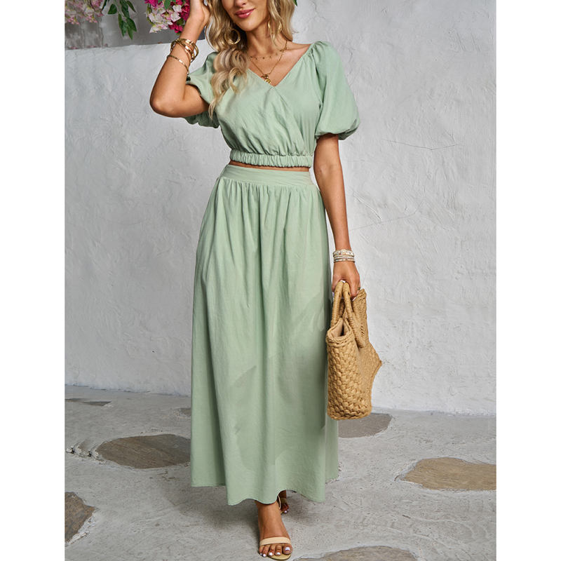 Pea Green V Neck Crop Top and Pocket Skirt Set TQX711102-64