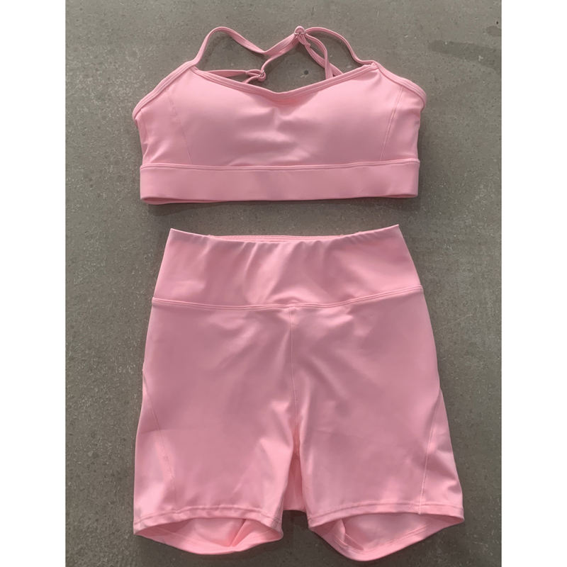 Pink White Back Criss Yoga Bra with Shorts Set TQL710038-10