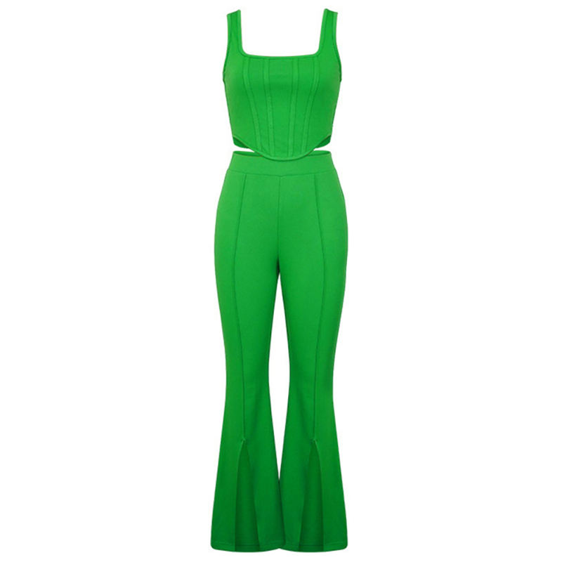 Green Sleeveless Crop Top with Split Pant Set TQG71001-9