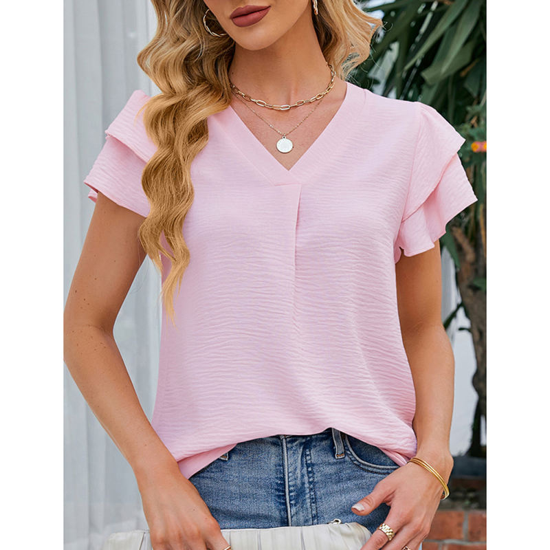 Light pink Chiffon V-neck Ruffled Short Sleeve Top TQG22001-39