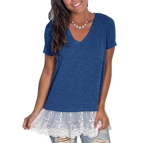 Blue V Neck Lace Hem Tunic Tops TQK210090-5