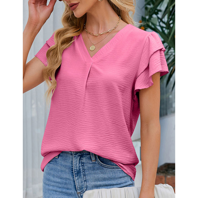 Dark pink Chiffon V-neck Ruffled Short Sleeve Top TQG22001-73