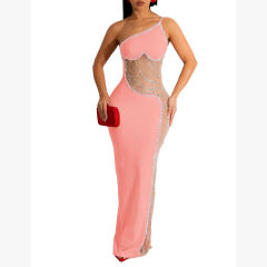 Pink Rhinestone Pearl Mesh One-shoulder Maxi Dress TQK311552-10