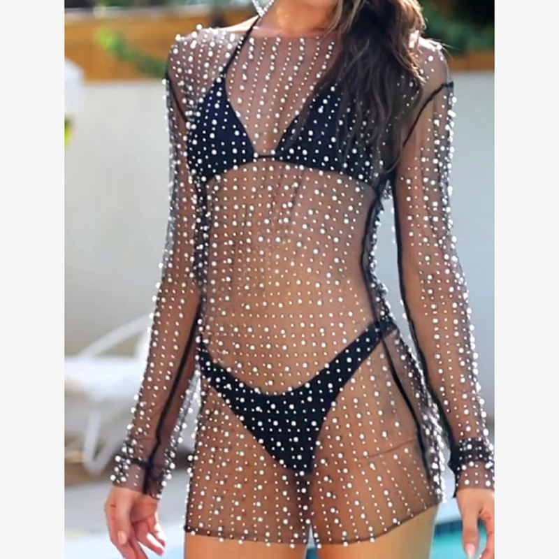 Black Sheer Rhinestone Mesh Long Sleeve Beach Cover TQK311544-2