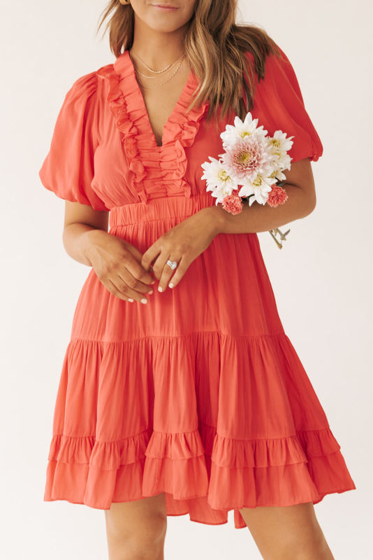 Orange Ruffle V Neck Tiered Puff Sleeve Mini Dress LC6115985-14