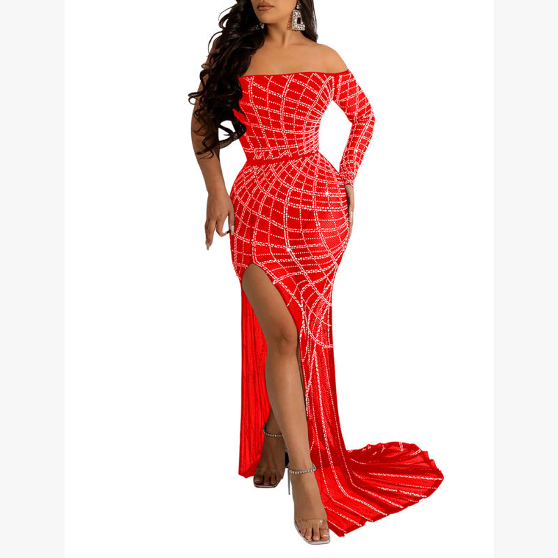 Red Off Shoulder Mesh Rhinestone High Split Maxi Dress TQK311550-3
