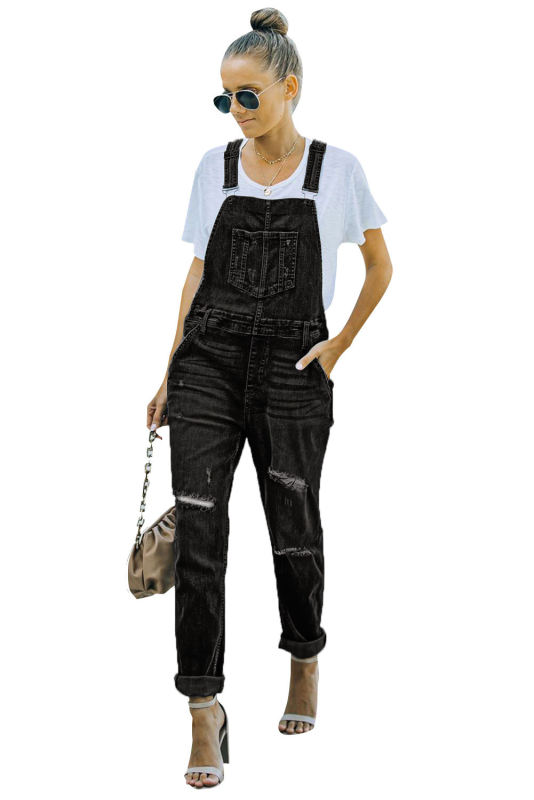 Black Distressed Bib Denim Overalls LC783879-2