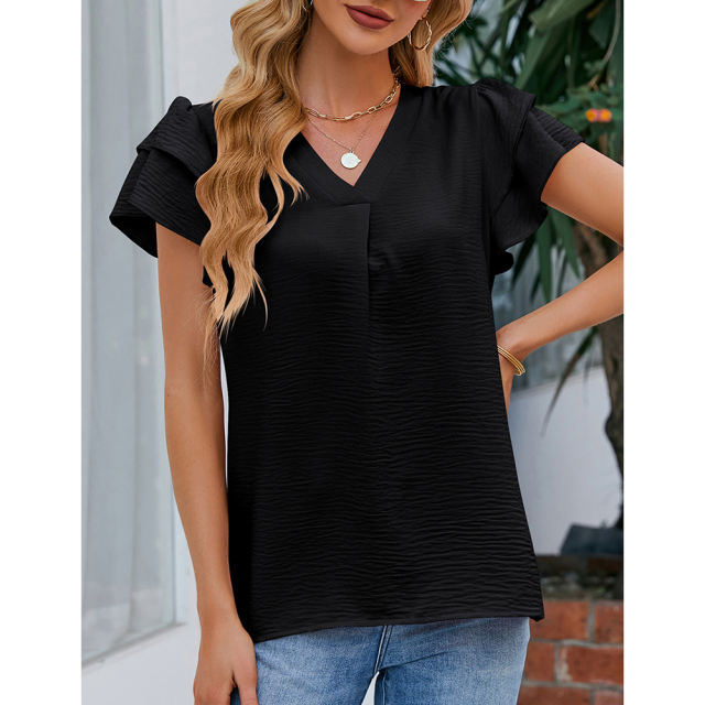 Black Chiffon V-neck Ruffled Short Sleeve Top TQG22001-2