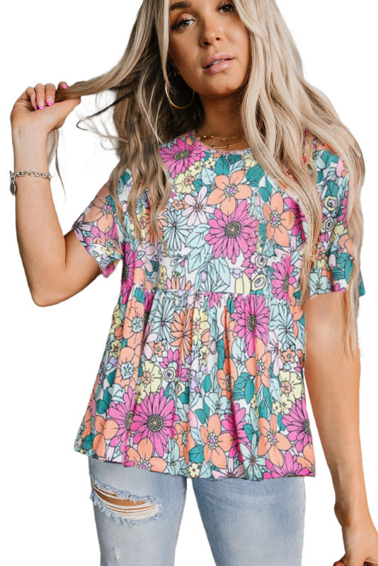 Multicolor Bohemian Flower Print Flowy Short Sleeve Top LC25220723-22