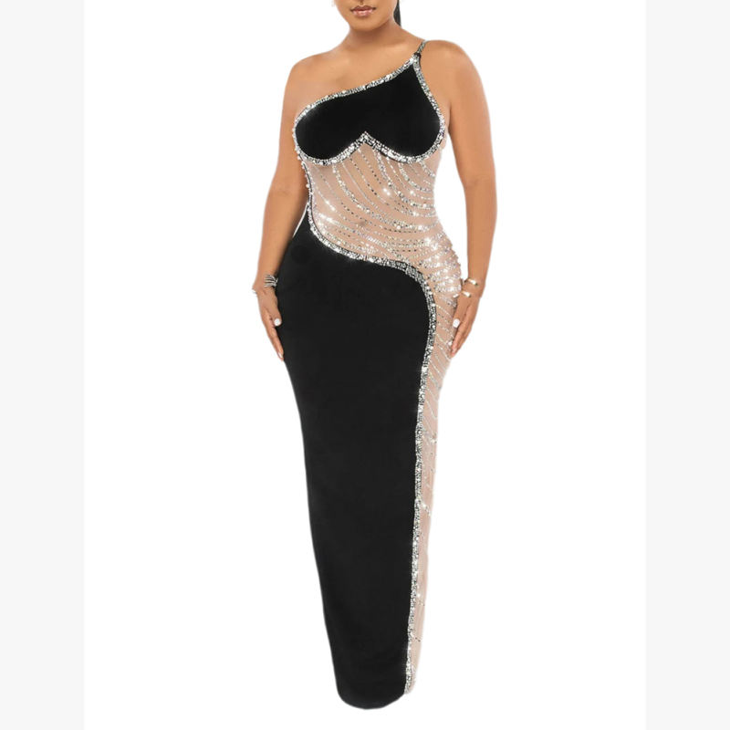 Black Rhinestone Pearl Mesh One-shoulder Maxi Dress TQK311552-2
