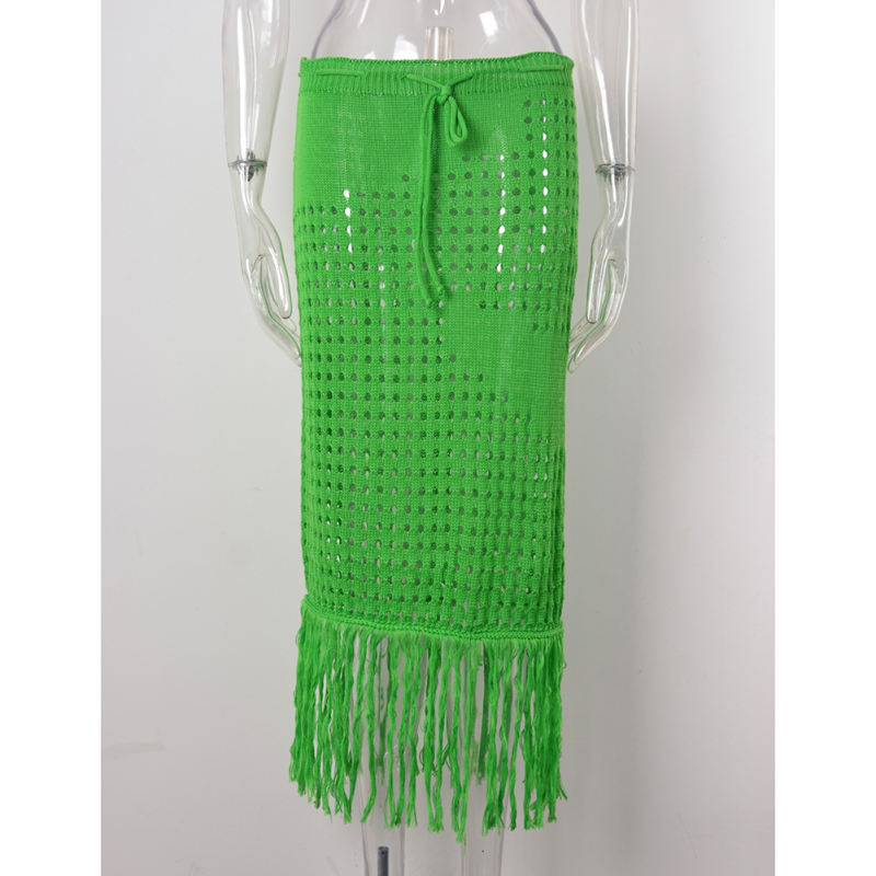 Green Hollow-out Tasseled Beach Cover Skirt  TQL360061-9