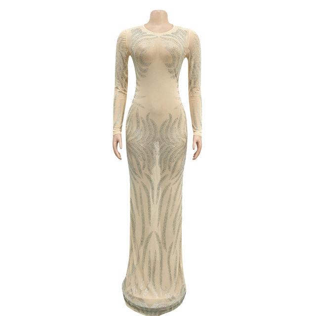 Apricot Mesh Rhinestone See Through Long Sleeve Maxi Dress TQK311243-18