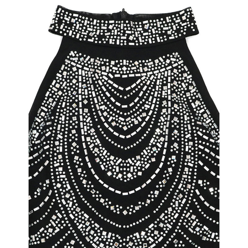 Black Halter Rhinestone Tasseled Bodycon Dress TQK311239-2