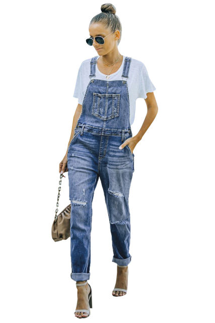 Sky Blue Distressed Bib Denim Overalls LC783879-4