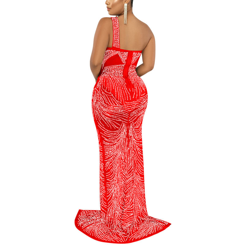 Red Rhinestone High Split Single Sling Dress TQK310857-3