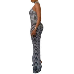Black Mesh Studded See Through Open Back Maxi Dress TQK311241-2