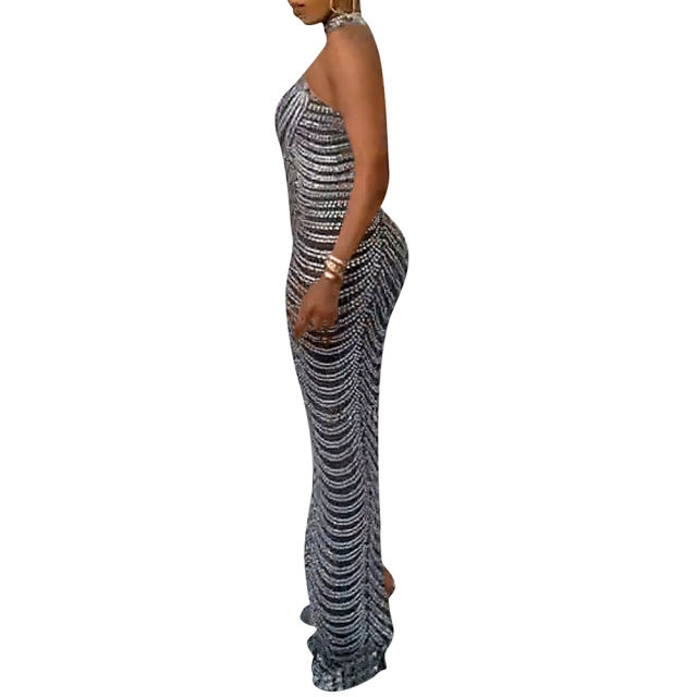 Black Mesh Studded See Through Open Back Maxi Dress TQK311241-2