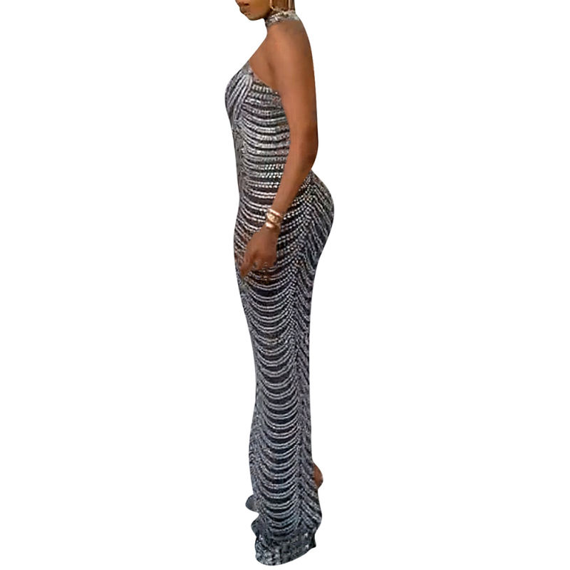 Black Mesh Studded See Through Open Back Maxi Dress TQK311241-2