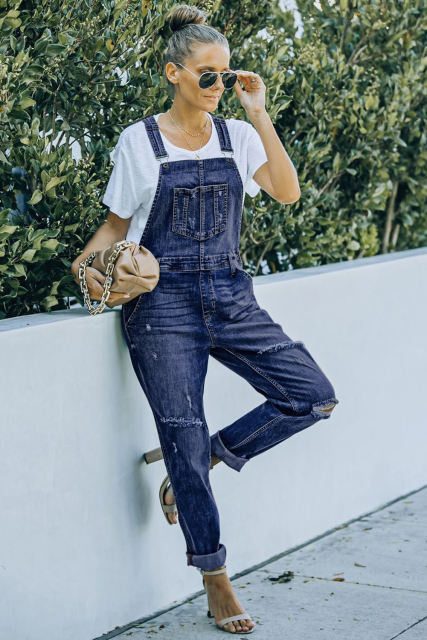 Blue Distressed Bib Denim Overalls LC783879-5