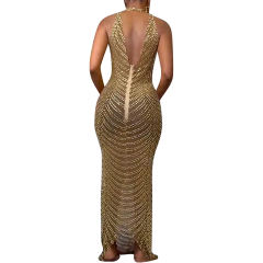 Gold Mesh Studded See Through Open Back Maxi Dress TQK311241-12