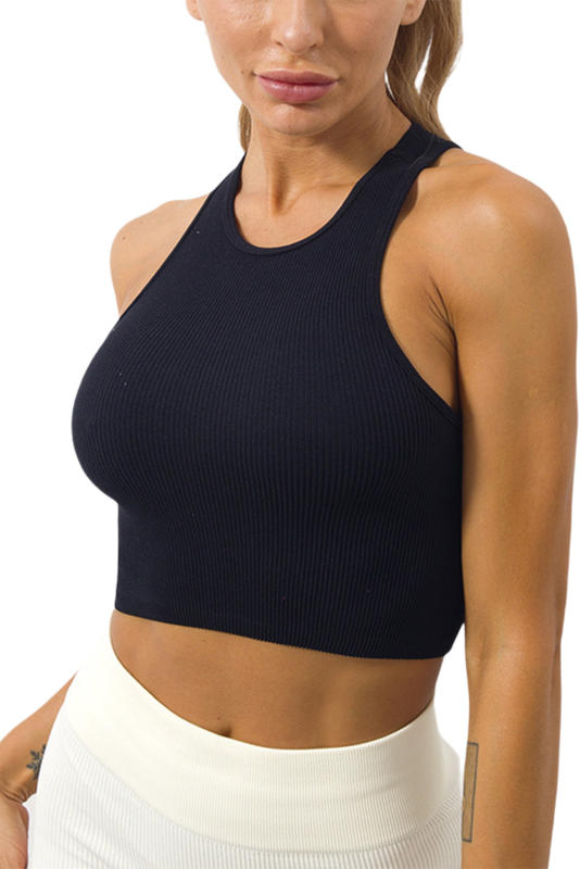 Black Ribbed Knit Cropped Yoga Sports Vest LC264388-2