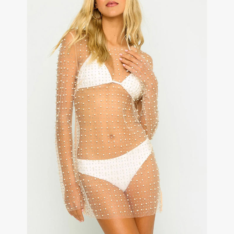 Beige Sheer Rhinestone Mesh Long Sleeve Beach Cover TQK311544-46