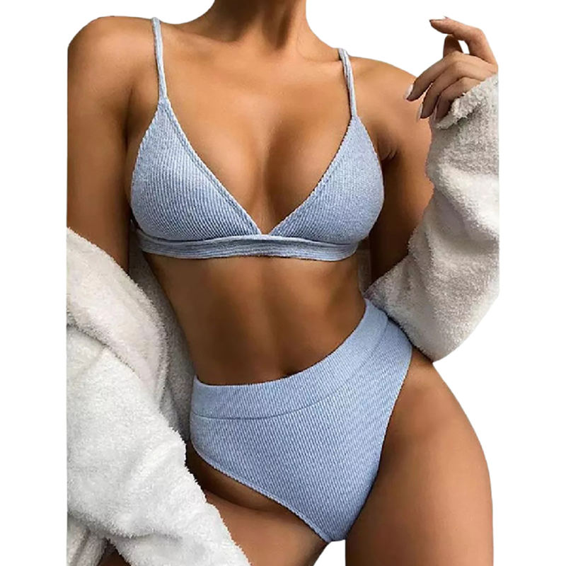 Solid Light Blue Rib Fashion Bikini Set TQK610284-30