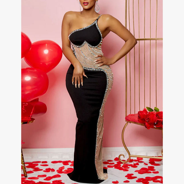 Black Rhinestone Pearl Mesh One-shoulder Maxi Dress TQK311552-2