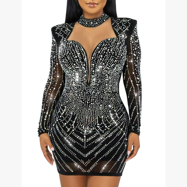 Black Mesh V Neckline Rhinestone Bodycon Dress TQK311548-2