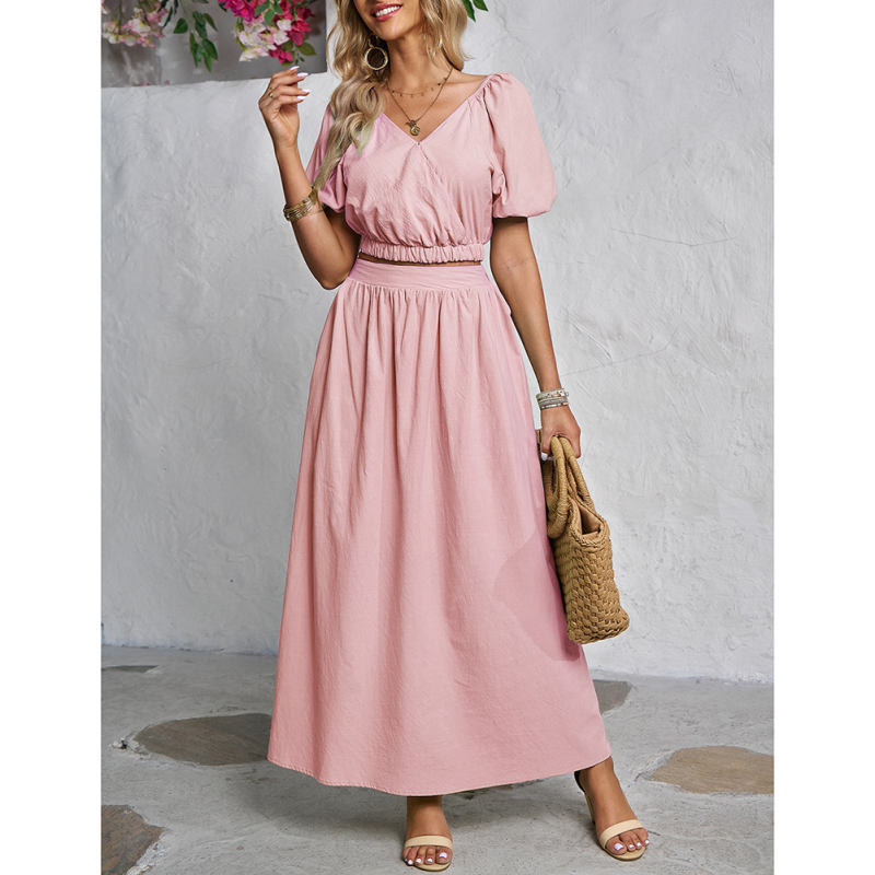 Pink V Neck Crop Top and Pocket Skirt Set TQX711102-10
