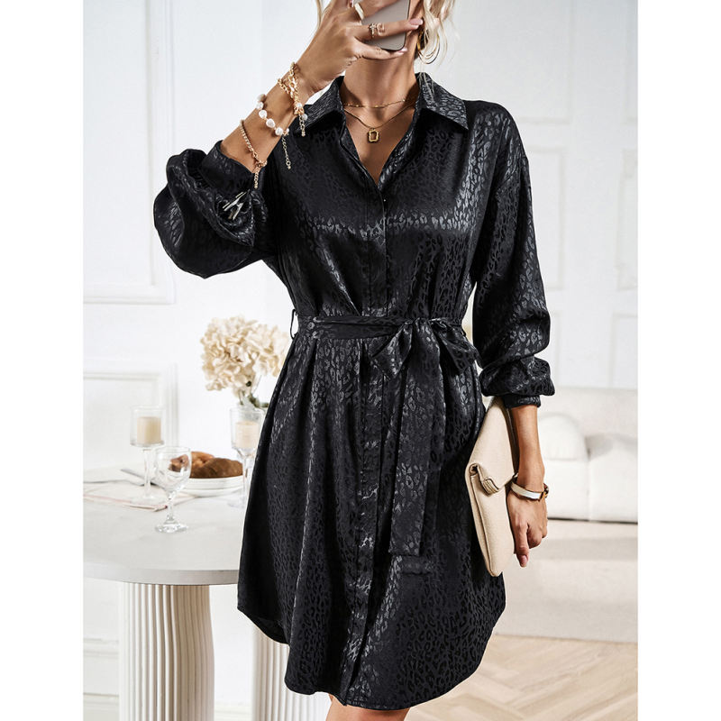 Black Satin Leopard Print Shirt Dress with Belt TQH310106-2