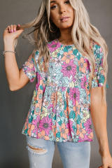 Multicolor Bohemian Flower Print Flowy Short Sleeve Top LC25220723-22