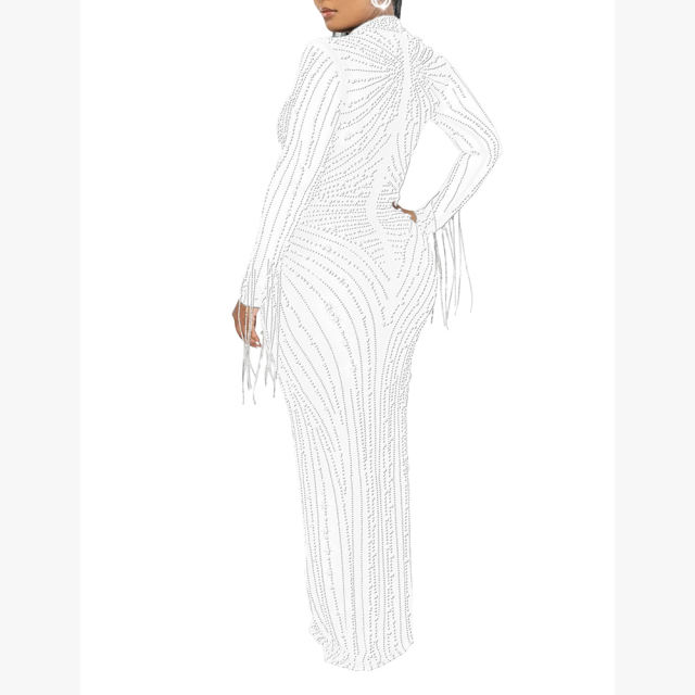 White Rhinestone Mesh Long Sleeve Maxi Dress TQK311551-1