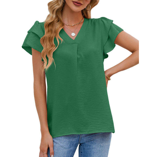 Green Chiffon V-neck Ruffled Short Sleeve Top TQG22001-9