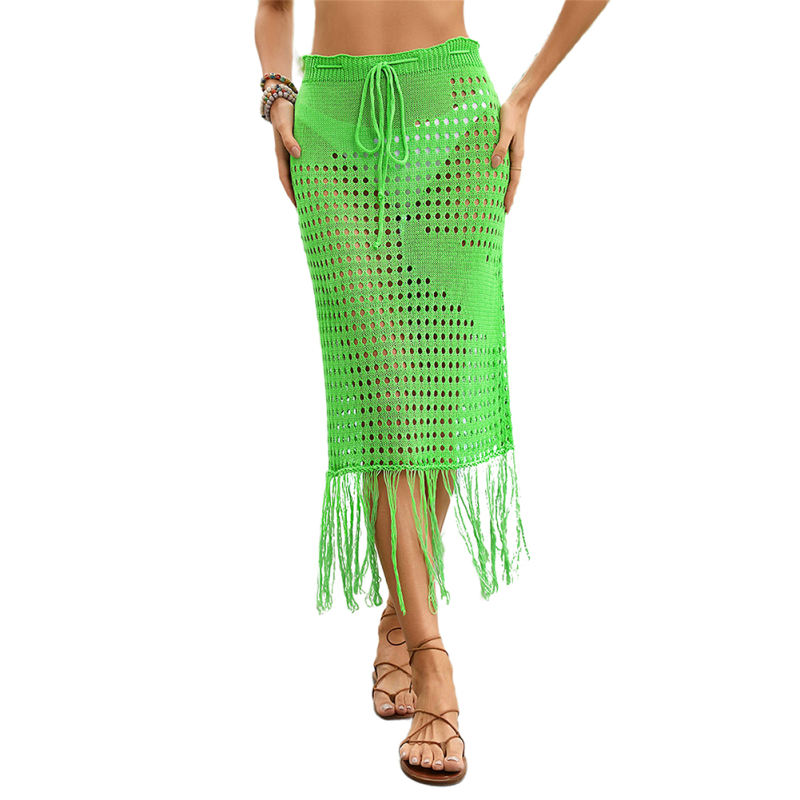 Green Hollow-out Tasseled Beach Cover Skirt  TQL360061-9