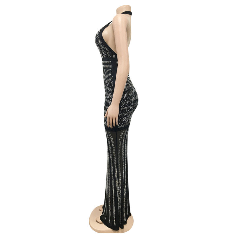 Black Halter V Neck Rhinestone See Through Maxi Dress TQK311240-2