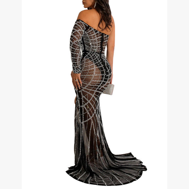 Black Off Shoulder Mesh Rhinestone High Split Maxi Dress TQK311550-2