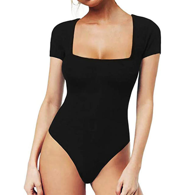 Black Square Neck Short Sleeve Bodysuit TQX551134-2
