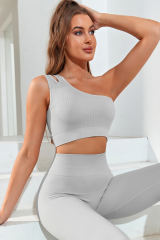 Gray Single Split Shoulder Ribbed Cropped Sports Top LC264429-11