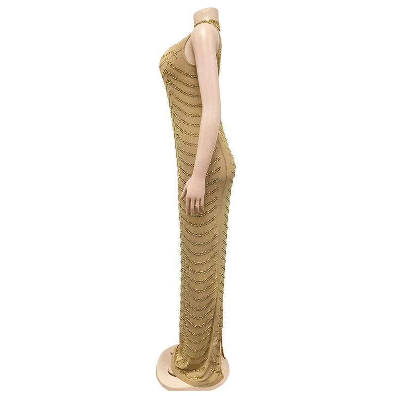 Gold Mesh Studded See Through Open Back Maxi Dress TQK311241-12