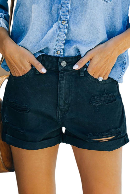 Black Rolled-up High Waist Distressed Denim Shorts LC783774-2