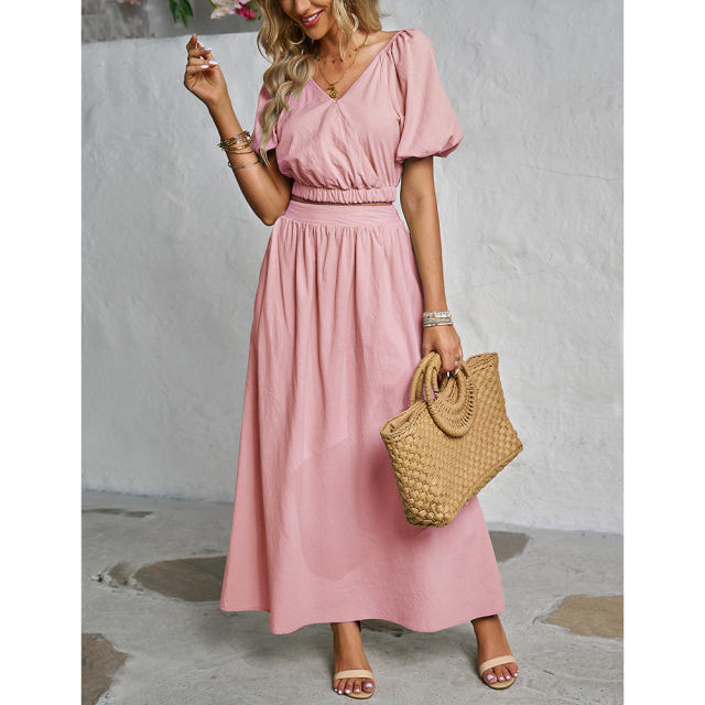 Pink V Neck Crop Top and Pocket Skirt Set TQX711102-10