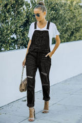 Black Distressed Bib Denim Overalls LC783879-2