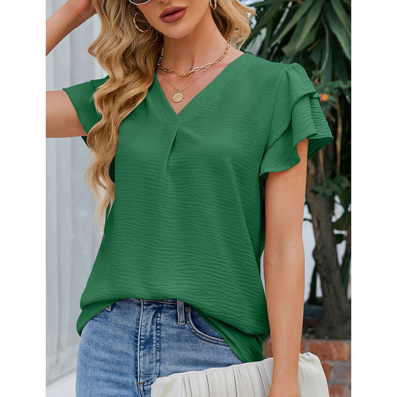 Green Chiffon V-neck Ruffled Short Sleeve Top TQG22001-9