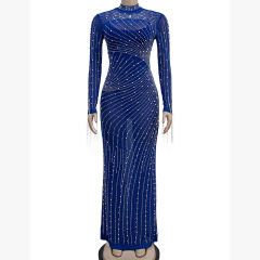 Blue Rhinestone Mesh Long Sleeve Maxi Dress TQK311551-5