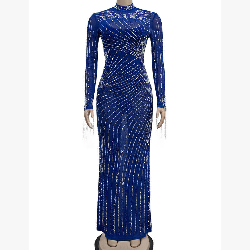 Blue Rhinestone Mesh Long Sleeve Maxi Dress TQK311551-5