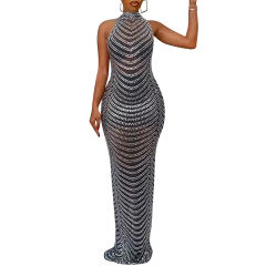 Black Mesh Studded See Through Open Back Maxi Dress TQK311241-2