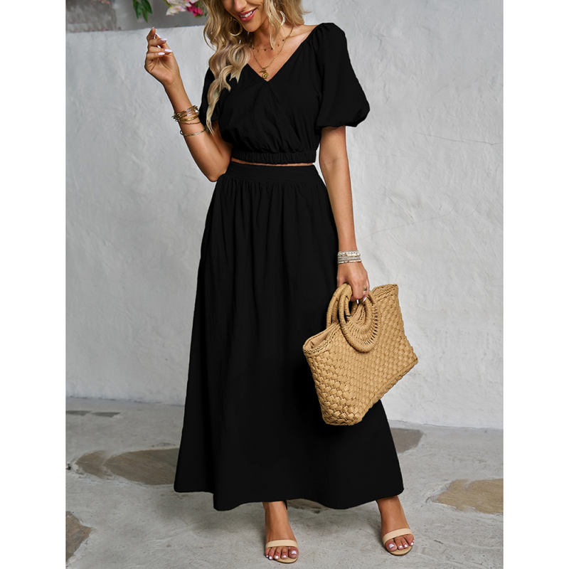 Black V Neck Crop Top and Pocket Skirt Set TQX711102-2