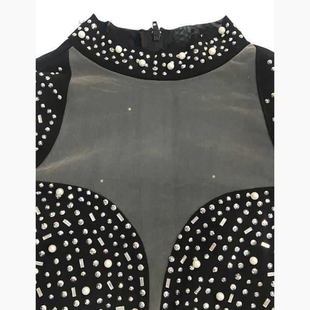 Black Mesh V Neckline Rhinestone Bodycon Dress TQK311548-2