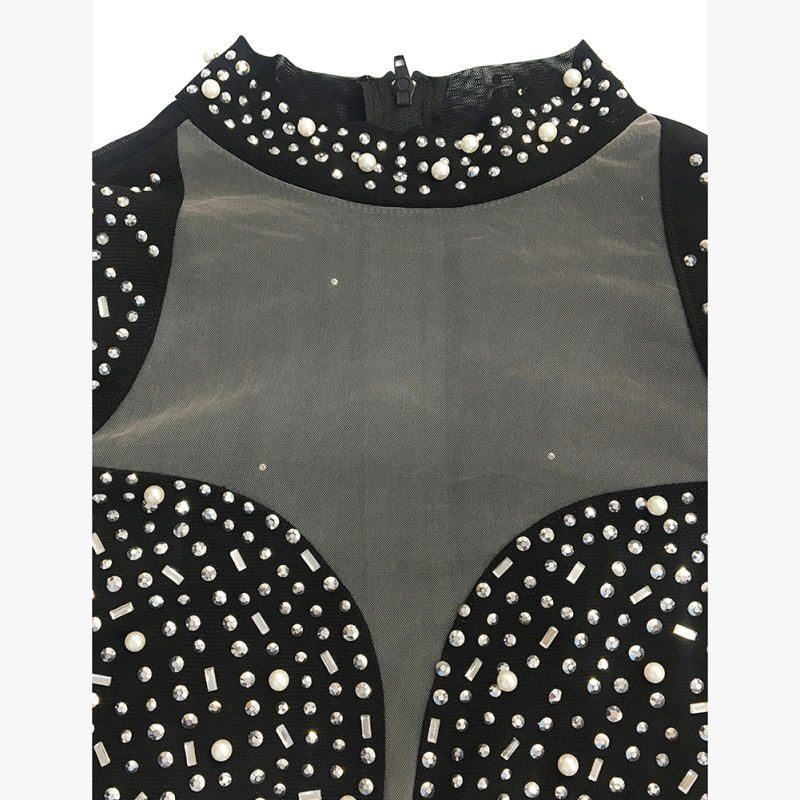 Black Mesh V Neckline Rhinestone Bodycon Dress TQK311548-2
